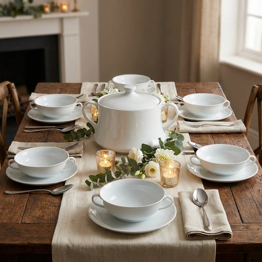 Makroon Porcelain Soup Tureen Set with Bowls & Saucers – Bowls  for Everyday Dining- Serving 6 People