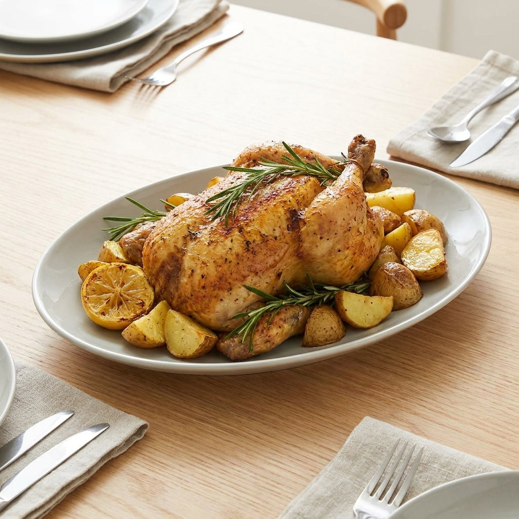 Roasted chicken with potatoes on a plate on a wooden table