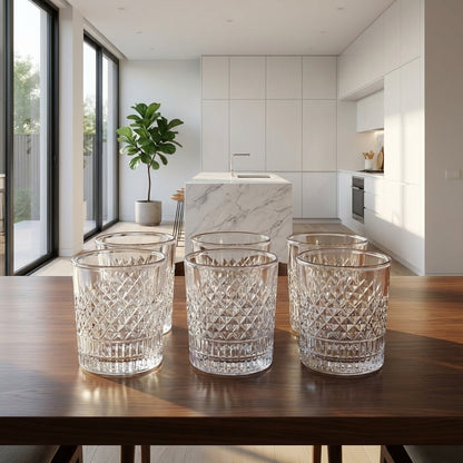 Set of crystal glasses on a wooden table in a modern kitchen.