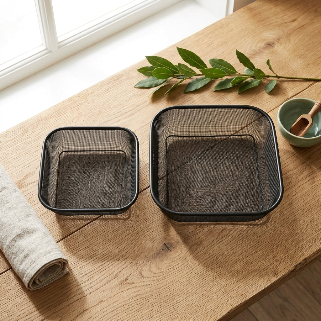 Two square black mesh , one small and one large, displayed on a rustic wooden table with a green leafy sprig, a rolled beige cloth, and a small green bowl in the background.