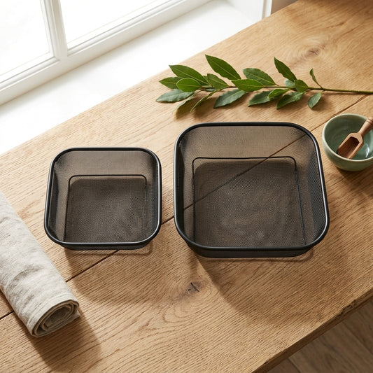Two square black mesh , one small and one large, displayed on a rustic wooden table with a green leafy sprig, a rolled beige cloth, and a small green bowl in the background.