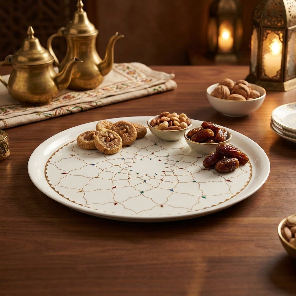 Decorative plate with dried fruits and nuts on a wooden table with gold teapots and candles in the background.