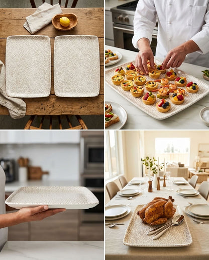A four-panel collage showing a rectangular textured ceramic serving tray in different real-world settings: on a wooden table with napkins and a lemon, being filled with pastries by a chef, held by a person in a kitchen, and set with a roasted chicken in a dining room.