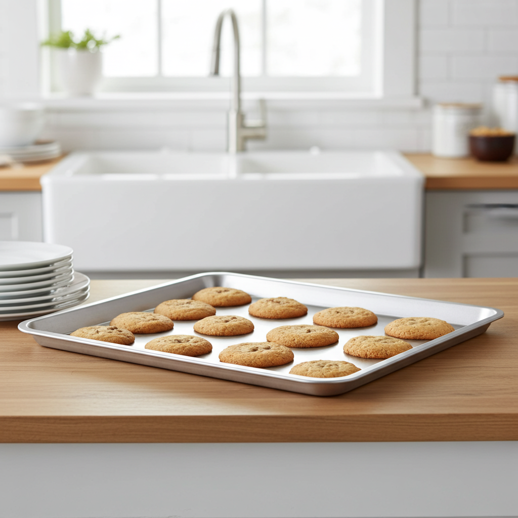 Baking tray with cookies on a kitchen counter