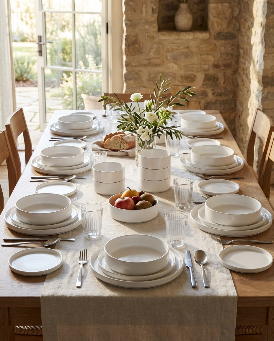 Dining table set with white ceramic dishes, silverware, and a vase of flowers in a rustic setting.