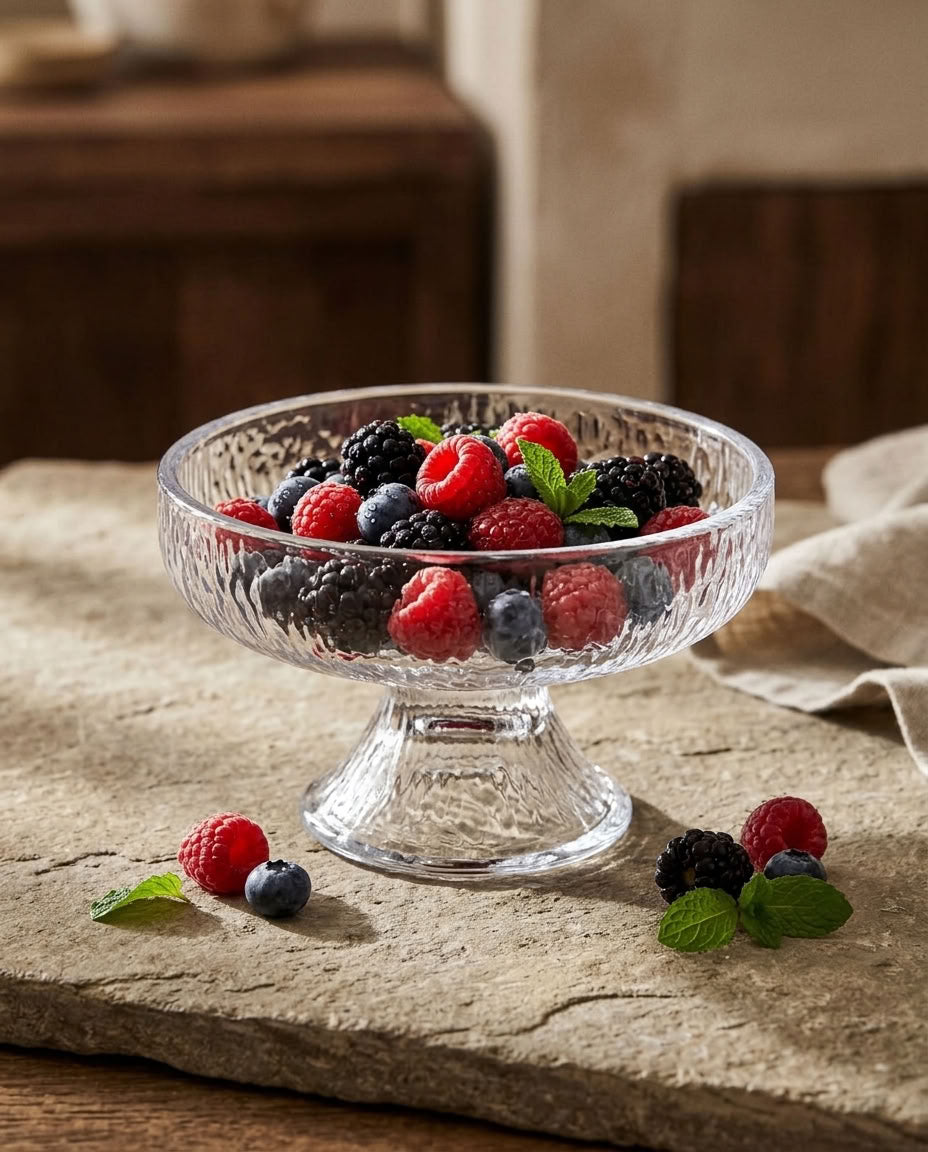 Textured glass dessert coupe filled with mixed berries