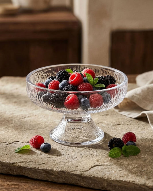 Textured glass dessert coupe filled with mixed berries