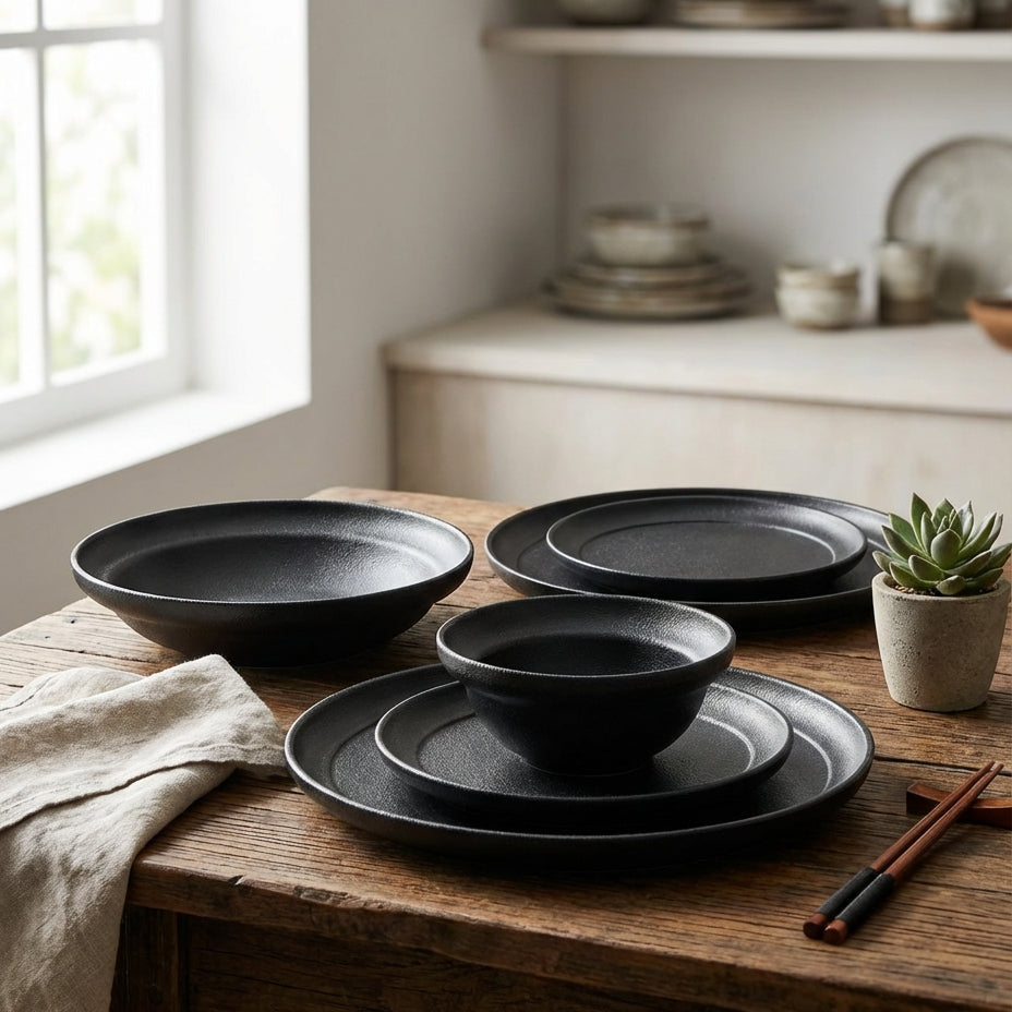 Set of black ceramic dishes on a wooden table with a neutral background