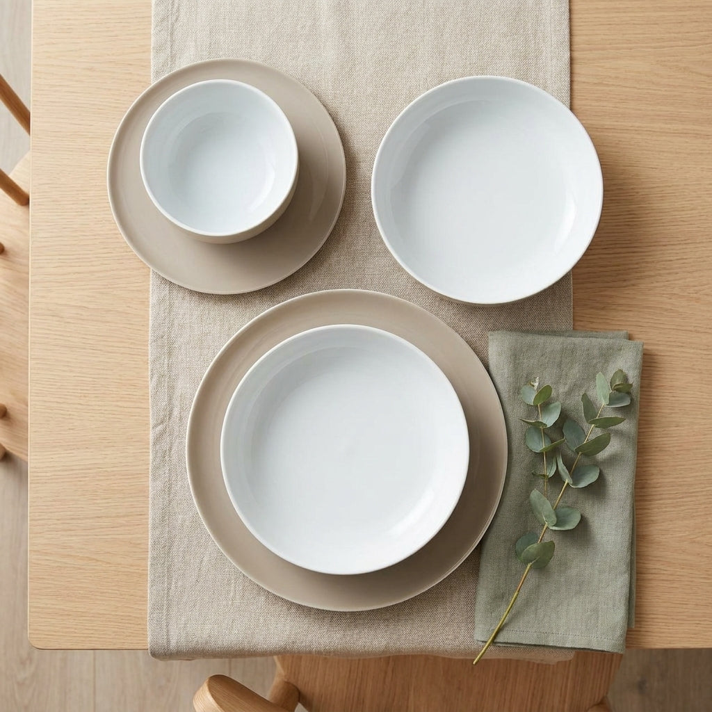 Set of white ceramic bowls on a wooden table with a beige placemat and eucalyptus leaf.