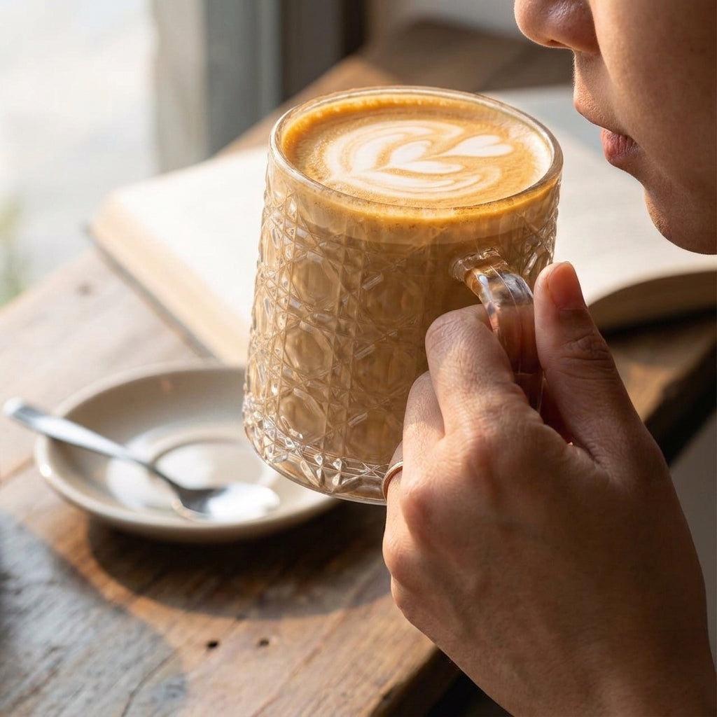A close-up lifestyle shot of a person holding a textured glass mug filled with a latte featuring coffee art, set on a rustic wooden table next to a book and saucer.