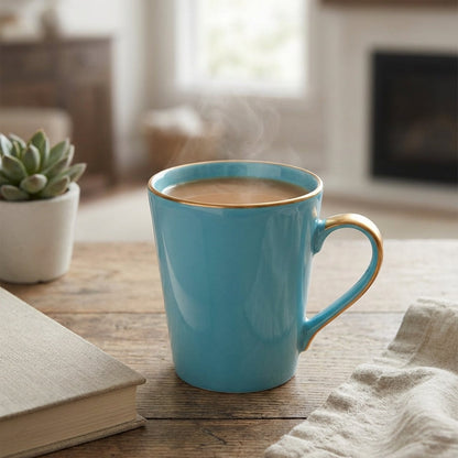 Blue mug with steaming coffee on a wooden table in a cozy living room.
