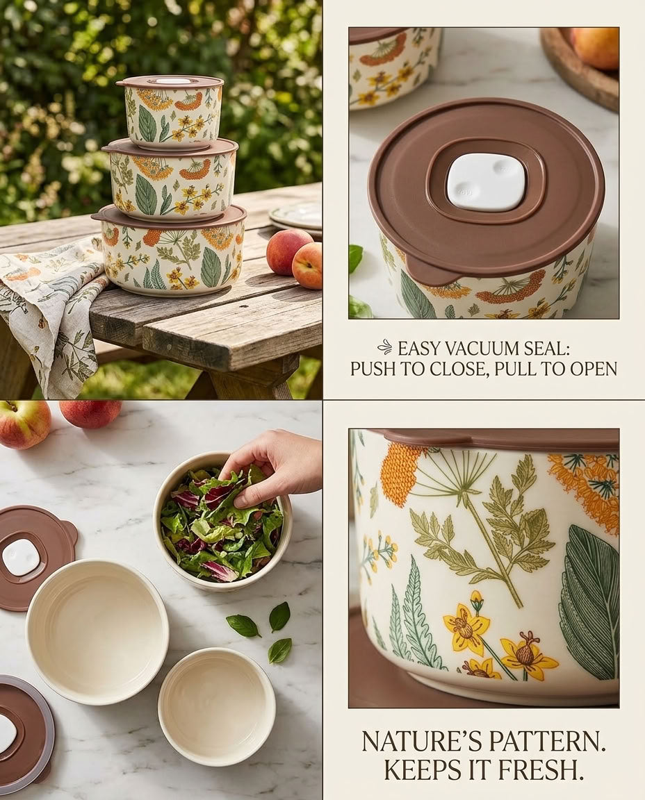 A collage showing a floral-patterned vacuum-sealing food storage container set with bowls and lids, including outdoor and tabletop scenes, close-ups of the lid seal, and text reading 'EASY VACUUM SEAL' and 'NATURE'S PATTERN. KEEPS IT FRESH.