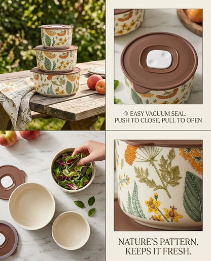 A collage showing a floral-patterned vacuum-sealing food storage container set with bowls and lids, including outdoor and tabletop scenes, close-ups of the lid seal, and text reading 'EASY VACUUM SEAL' and 'NATURE'S PATTERN. KEEPS IT FRESH.