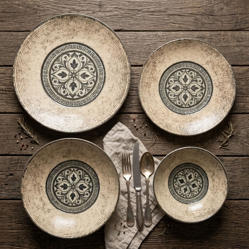 Mosaic Heritage dinnerware – overhead plate and bowl arrangement