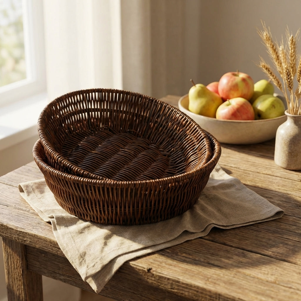 Wicker basket on a wooden table with apples and a vase in the background