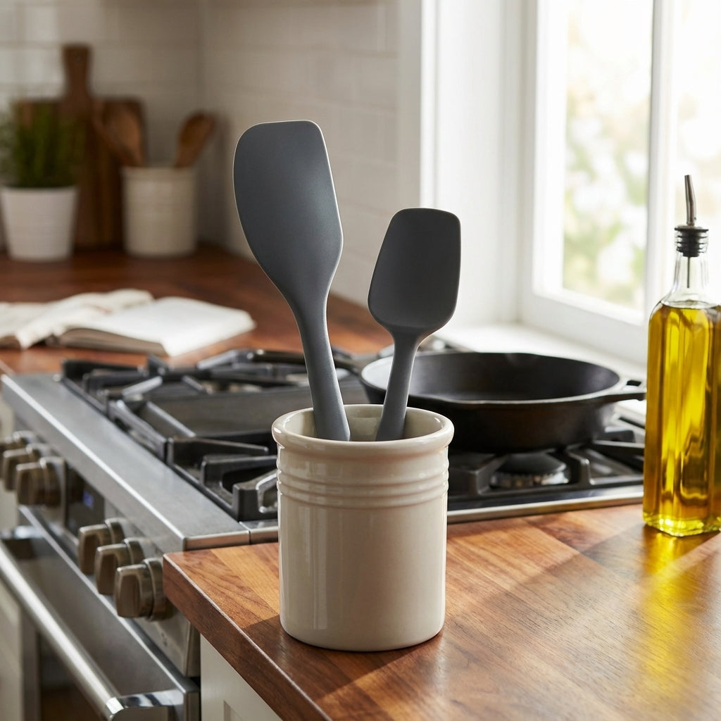 Gray silicone spatulas in a white ceramic holder on a kitchen counter with a stove and window in the background.