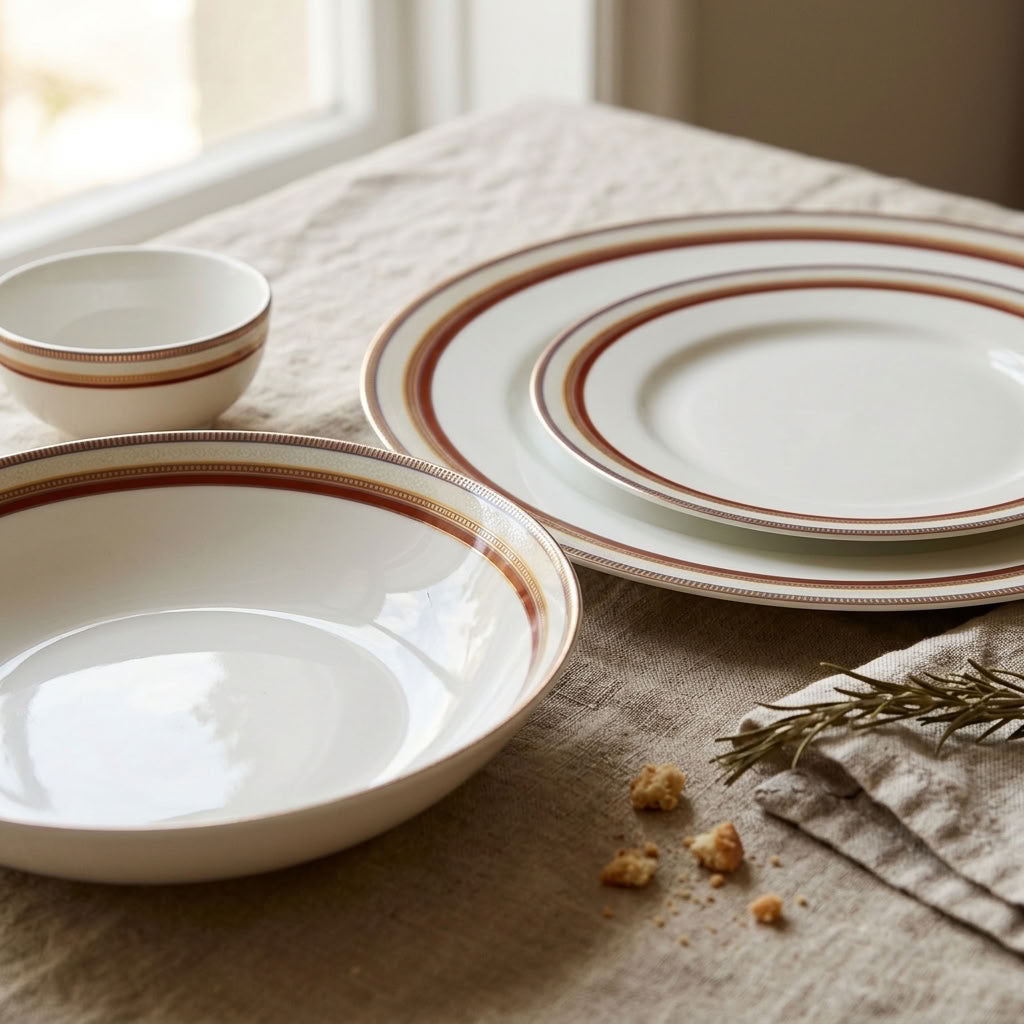 Regal Stripes 24-piece ceramic dinner set – close-up of plates and bowl