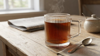 A clear ribbed glass mug filled with amber tea sits on a rustic wooden table, with a spoon, folded napkin, newspaper, and ceramic teapot in a softly lit indoor setting.
