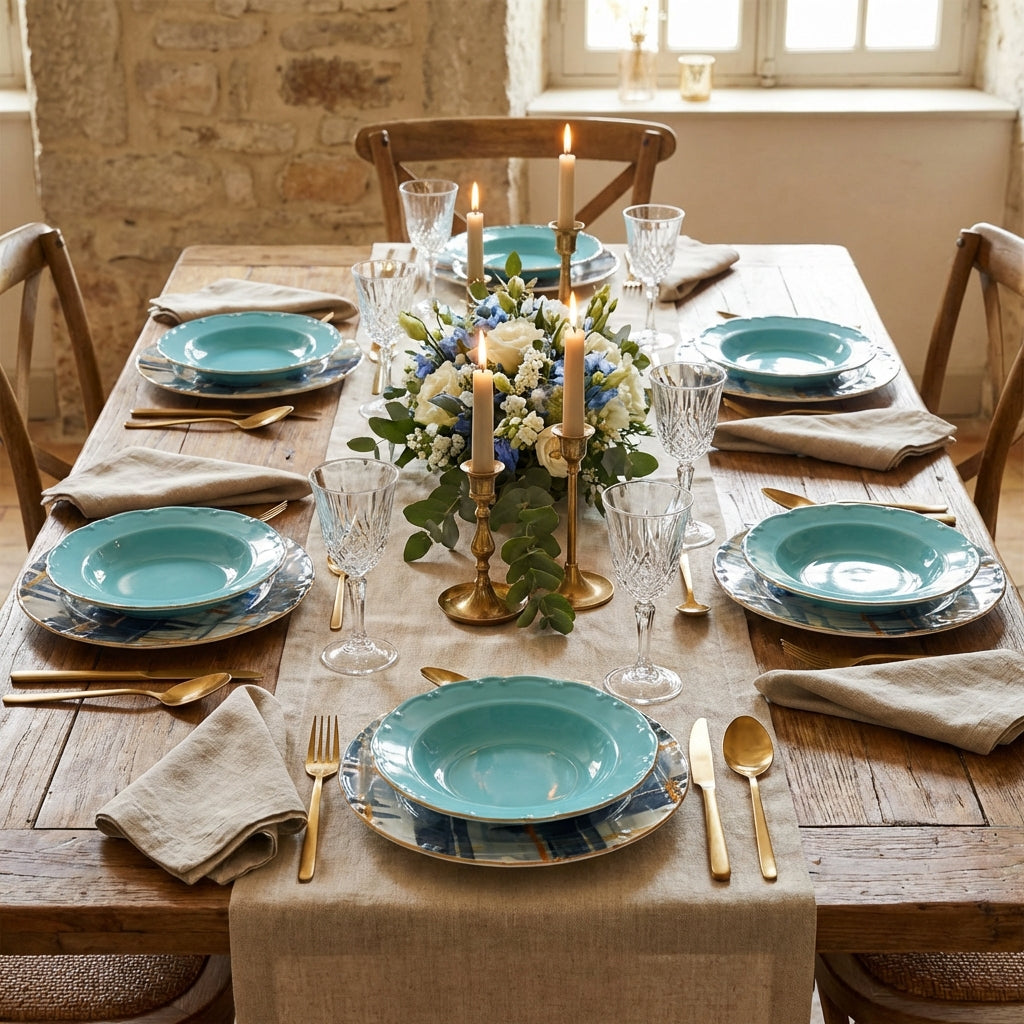 Elegant dining table setting with turquoise plates, gold cutlery, and a floral centerpiece.