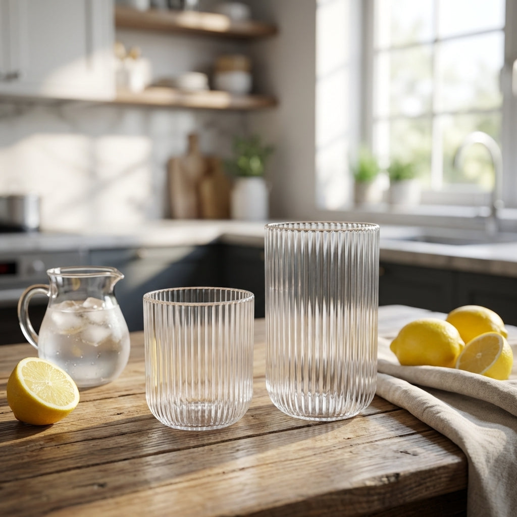 Clear glass tumblers on a wooden kitchen counter with lemons and a pitcher of water.
