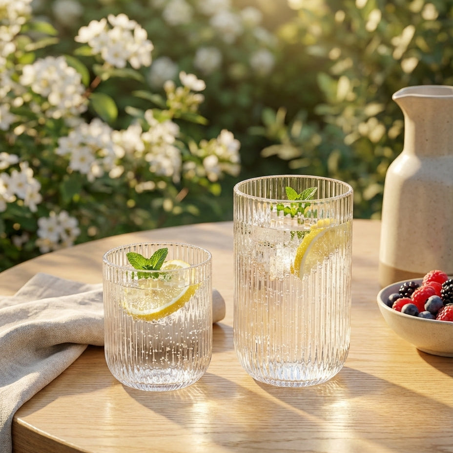Two glasses of water with lemon slices and mint leaves on a wooden table outdoors.