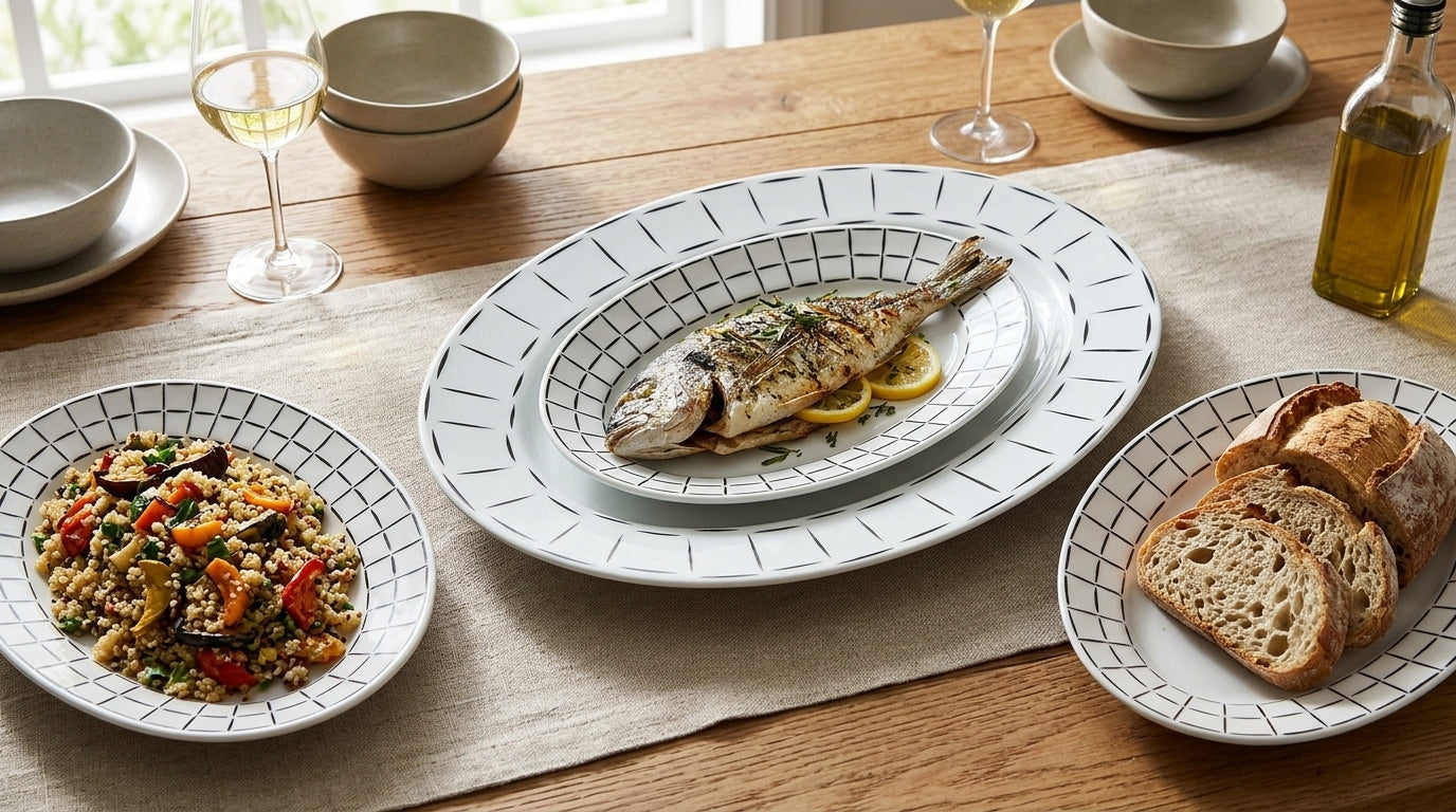 Dinner table setting with plates of food and glasses on a wooden surface.