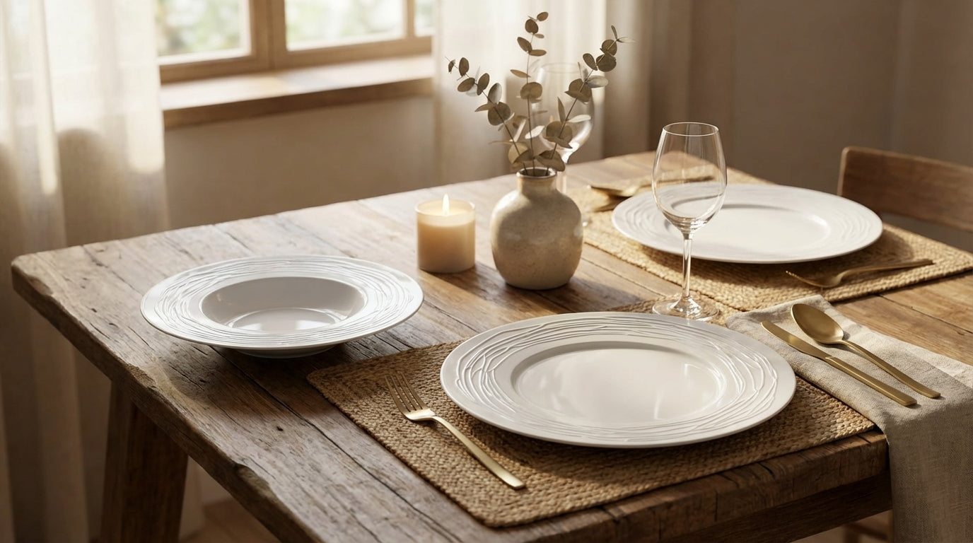 Dining table set with plates, cutlery, and a vase on a wooden table.