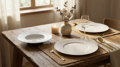 Dining table set with plates, cutlery, and a vase on a wooden table.