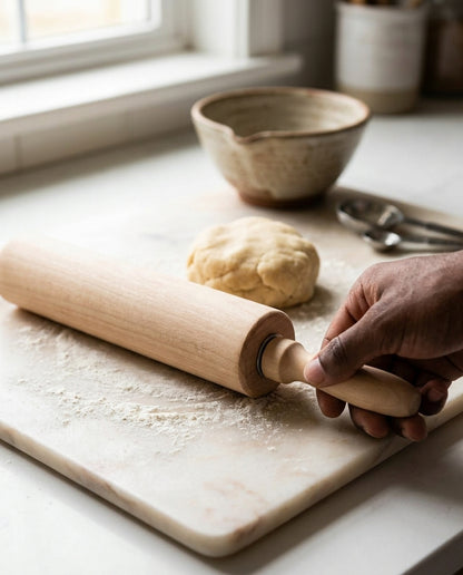 A wooden rolling pin rests on a floured marble cutting board with a ball of dough and a person's hand gripping one handle, in a bright kitchen setting.