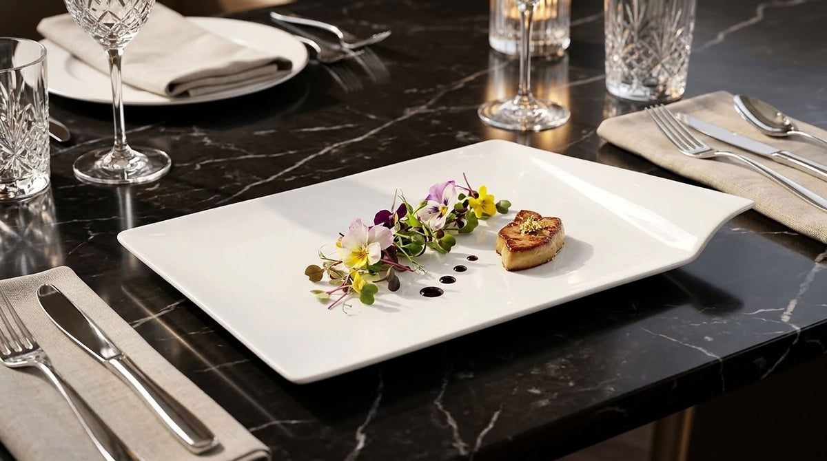 A gourmet plated dish on a white rectangular ceramic plate, set on a black marble table with silverware, glassware, and folded napkins.
