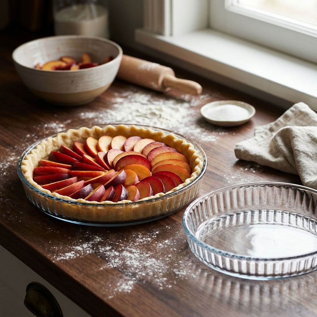 Glass baking dish with fruit tart and matching empty dish