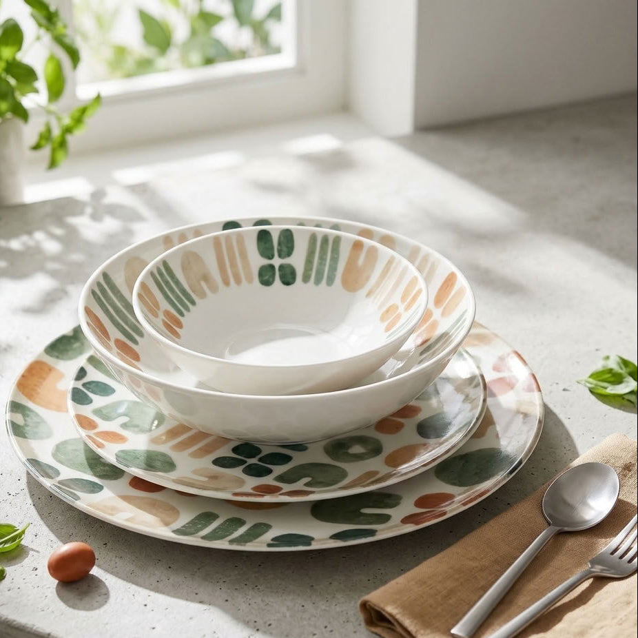 A set of white ceramic dinnerware with colorful hand-painted abstract patterns in green, orange, and beige, arranged on a matching plate on a light stone countertop with a napkin, spoon, fork, and a potted plant nearby.