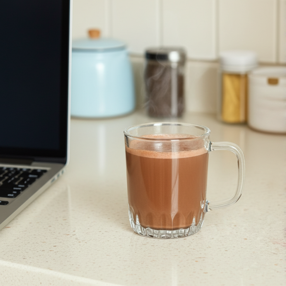 Glass mug with hot chocolate on a kitchen counter next to a laptop