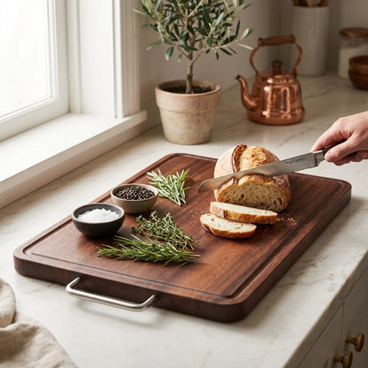 Wooden Cutting Board with Stainless Steel Handle | 40 × 28 cm