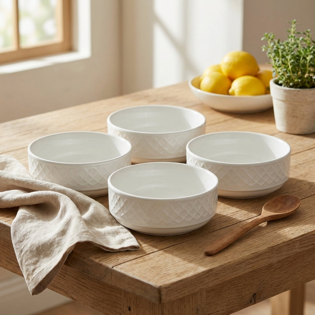 Set of white ceramic bowls on a wooden table with a wooden spoon and lemons in the background.