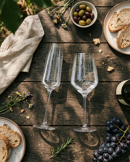Champagne flutes and wine glasses styled on a table