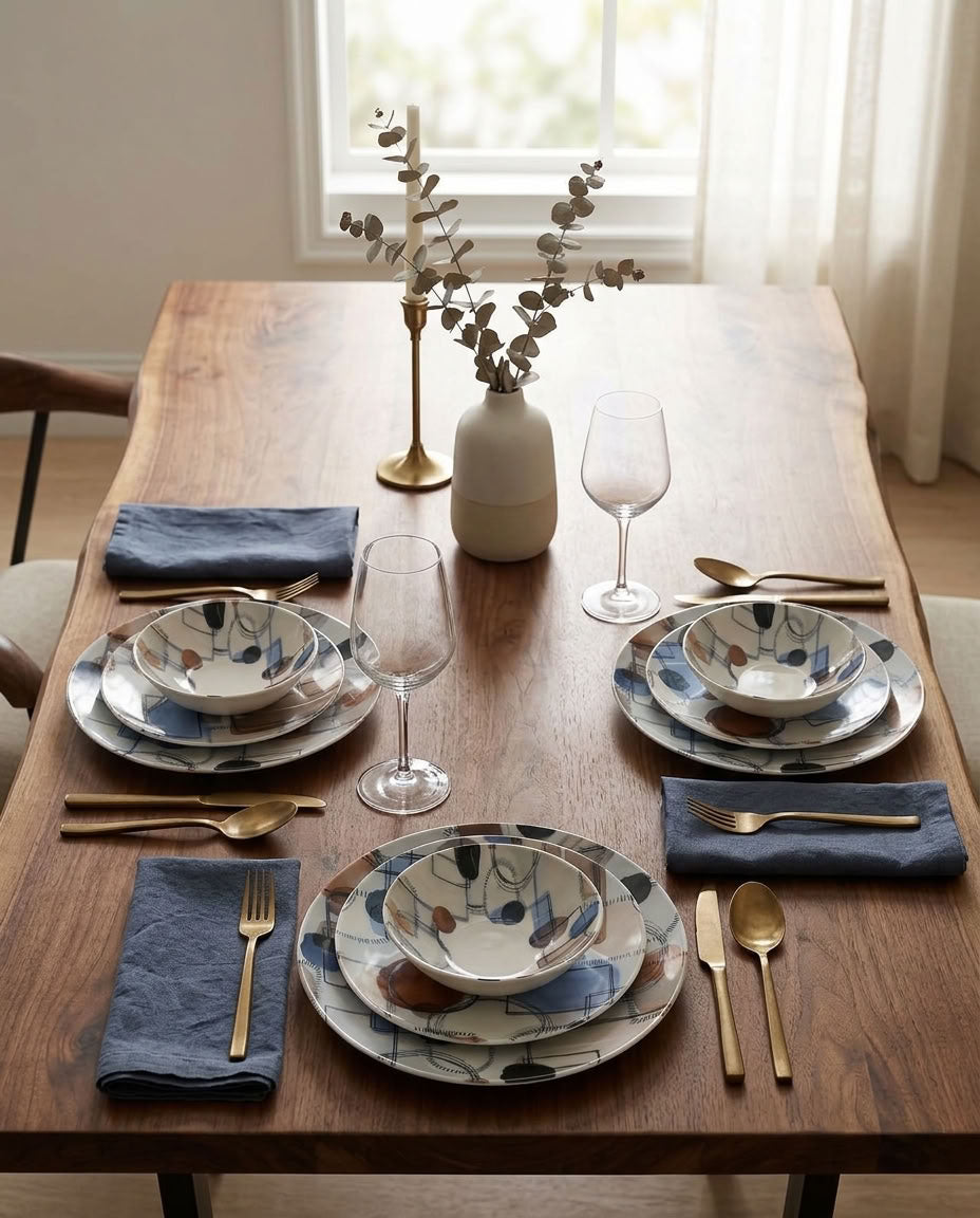 Sora Geometric Porcelain Dinner Set | 24 Pieces Family Tableware Collection