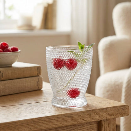A clear textured glass tumbler with a dimpled honeycomb pattern sits on a wooden table in a cozy living room setting, filled with water, red raspberries, and a mint leaf. In the background, a stack of books and a bowl of raspberries are visible next to a beige armchair.
