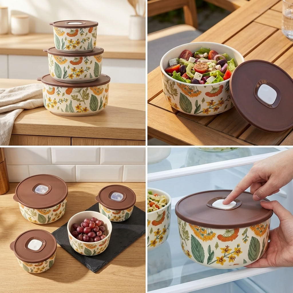 Four-panel collage showing a set of floral-patterned glass storage containers with brown lids, including stacked bowls, bowls filled with food, and a hand opening one of the lids.