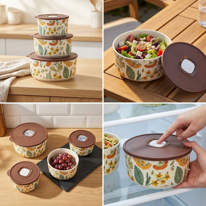 Four-panel collage showing a set of floral-patterned glass storage containers with brown lids, including stacked bowls, bowls filled with food, and a hand opening one of the lids.