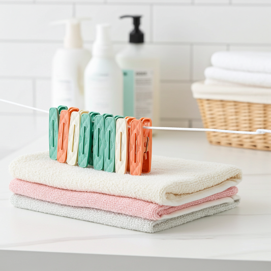 Colorful clothespins on a drying rack with folded towels in a bathroom setting.