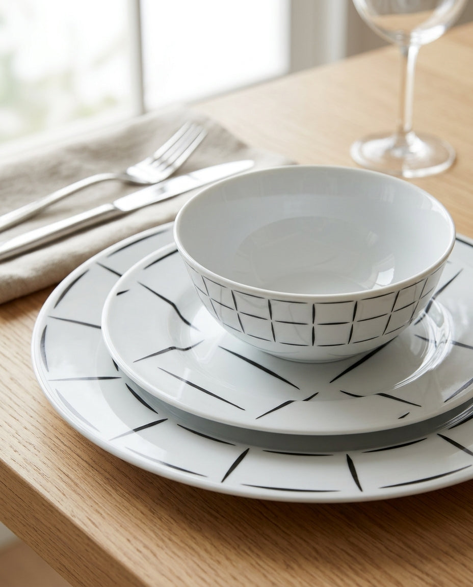 Dinner setting with white bowls and plates featuring black geometric patterns on a wooden table.