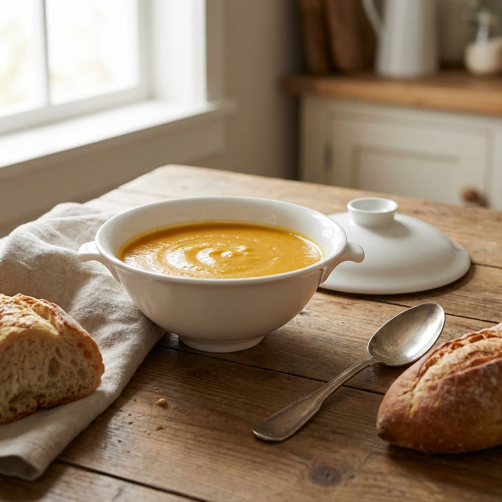 Bowl of soup on a wooden table with bread and a spoon