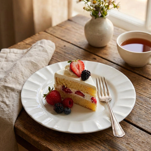 Slice of layered cake with berries on a white plate, accompanied by a cup of tea and a vase of flowers on a wooden table.