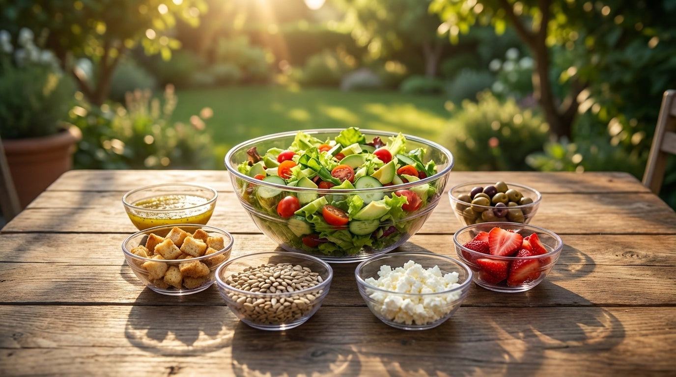 Outdoor setting with a salad and various ingredients on a wooden table.
