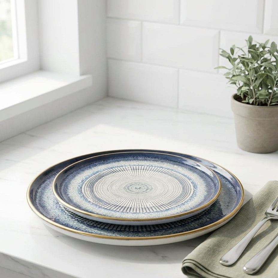 Blue and white ceramic plates on a kitchen counter with a plant and utensils.