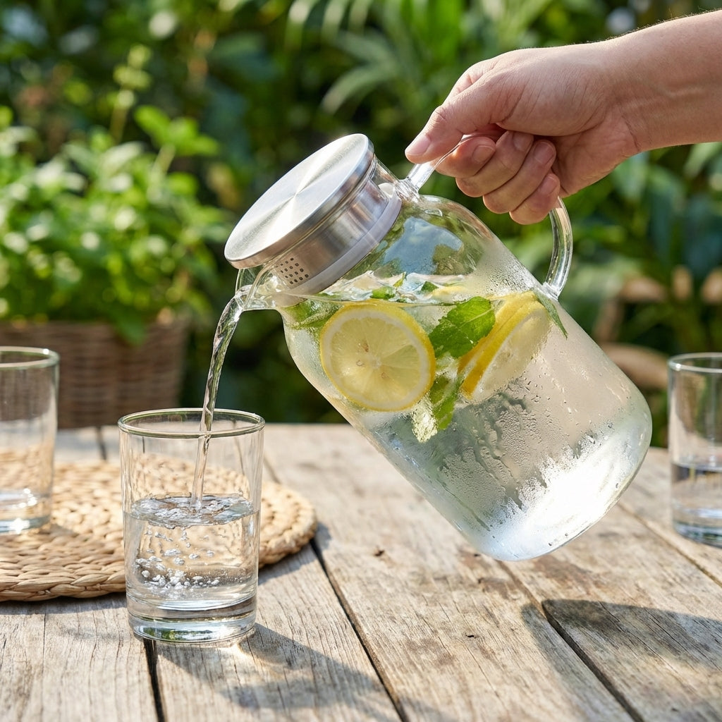 Person pouring lemon water from a glass pitcher into a glass on a wooden table with greenery in the background.