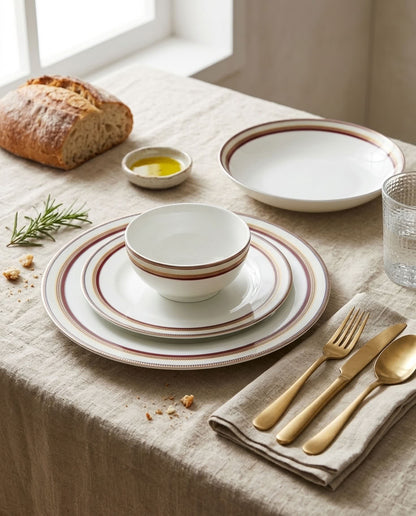 Regal Stripes ceramic dinnerware – gold cutlery table styling