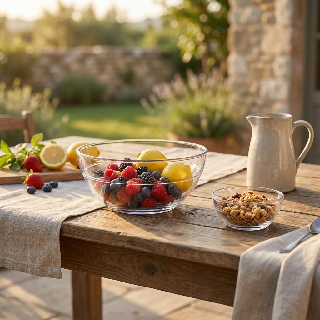 Bowl of fruit and granola on a wooden table outdoors