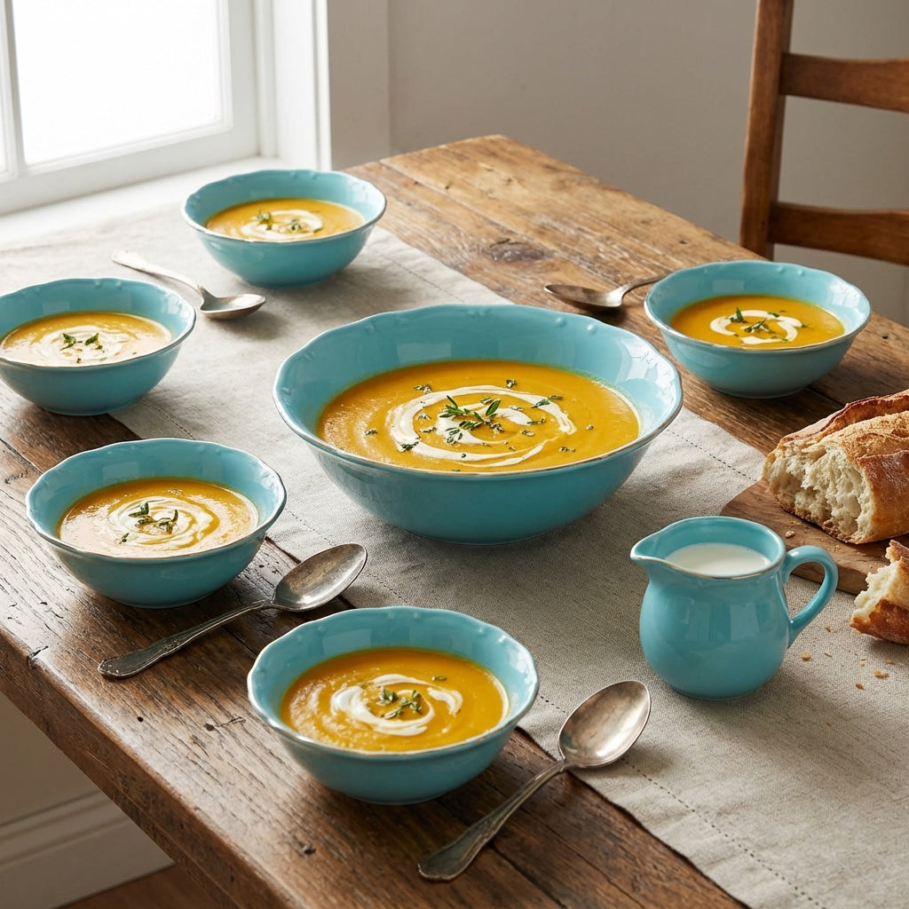 Blue bowls of soup on a wooden table with a window in the background